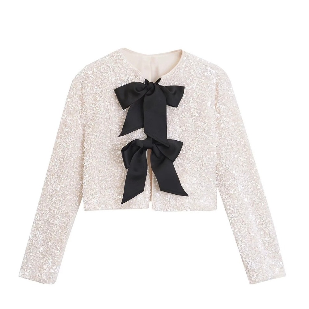 White Sequin Cropped Bolero Jacket with Black Bows Long Sleeve Shrug Size M